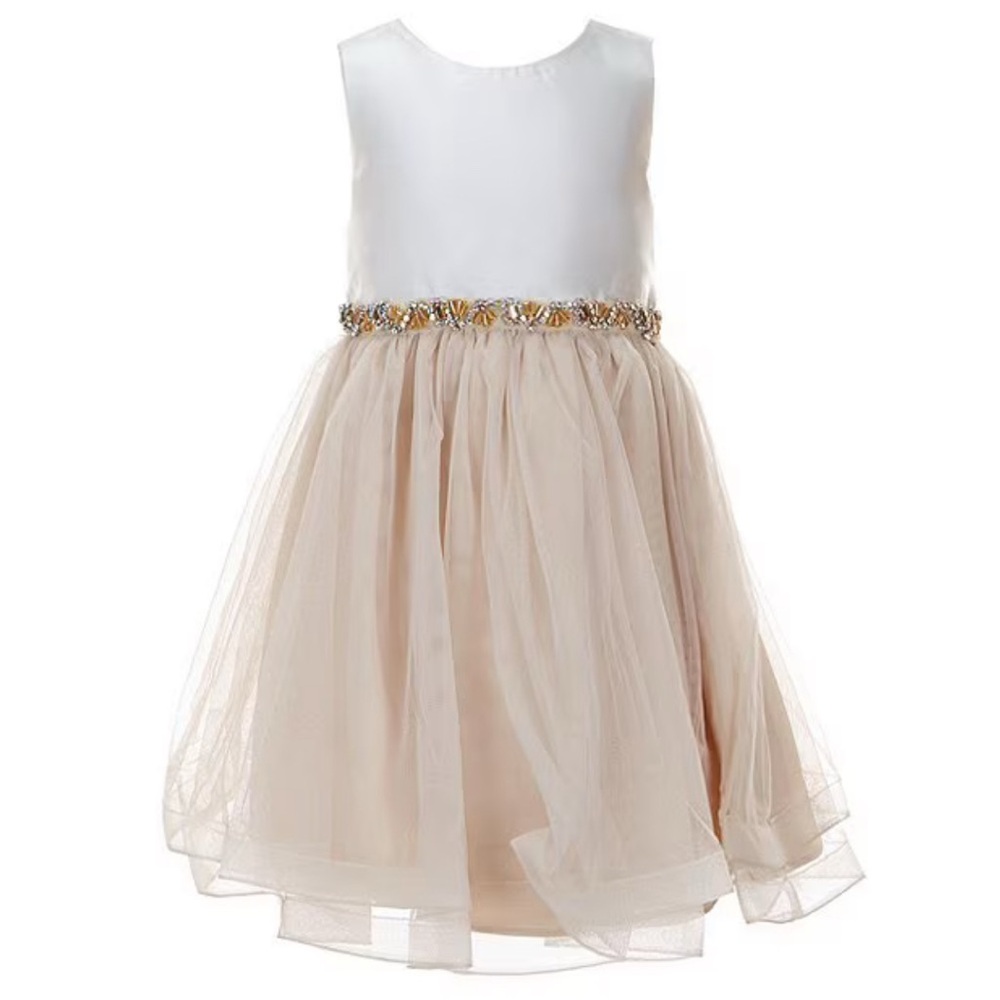 Rare Editions Taupe and Cream Formal Dress with Matching Handmade Hair Clip Bow.